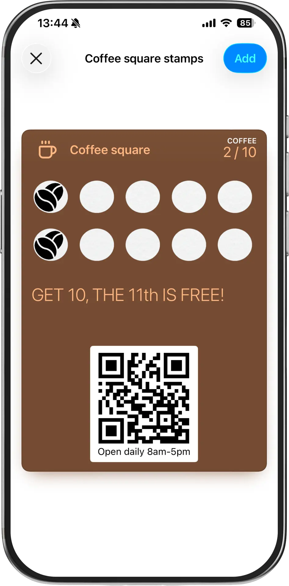 Coffee shop loyalty card in Apple Wallet on an iPhone